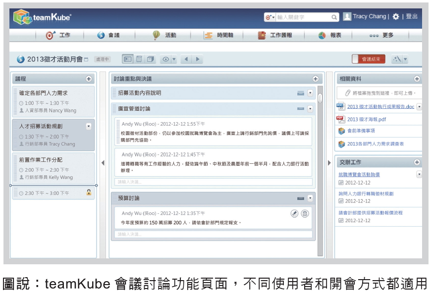 圖說：teamKube 會議討論功能頁面，不同使用者和開會方式都適用