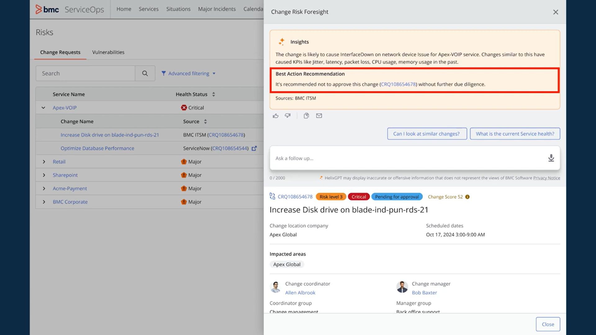 BMC HelixGPT Change Risk Advisor 提供自動化的風險摘要，以及建議的行動方案